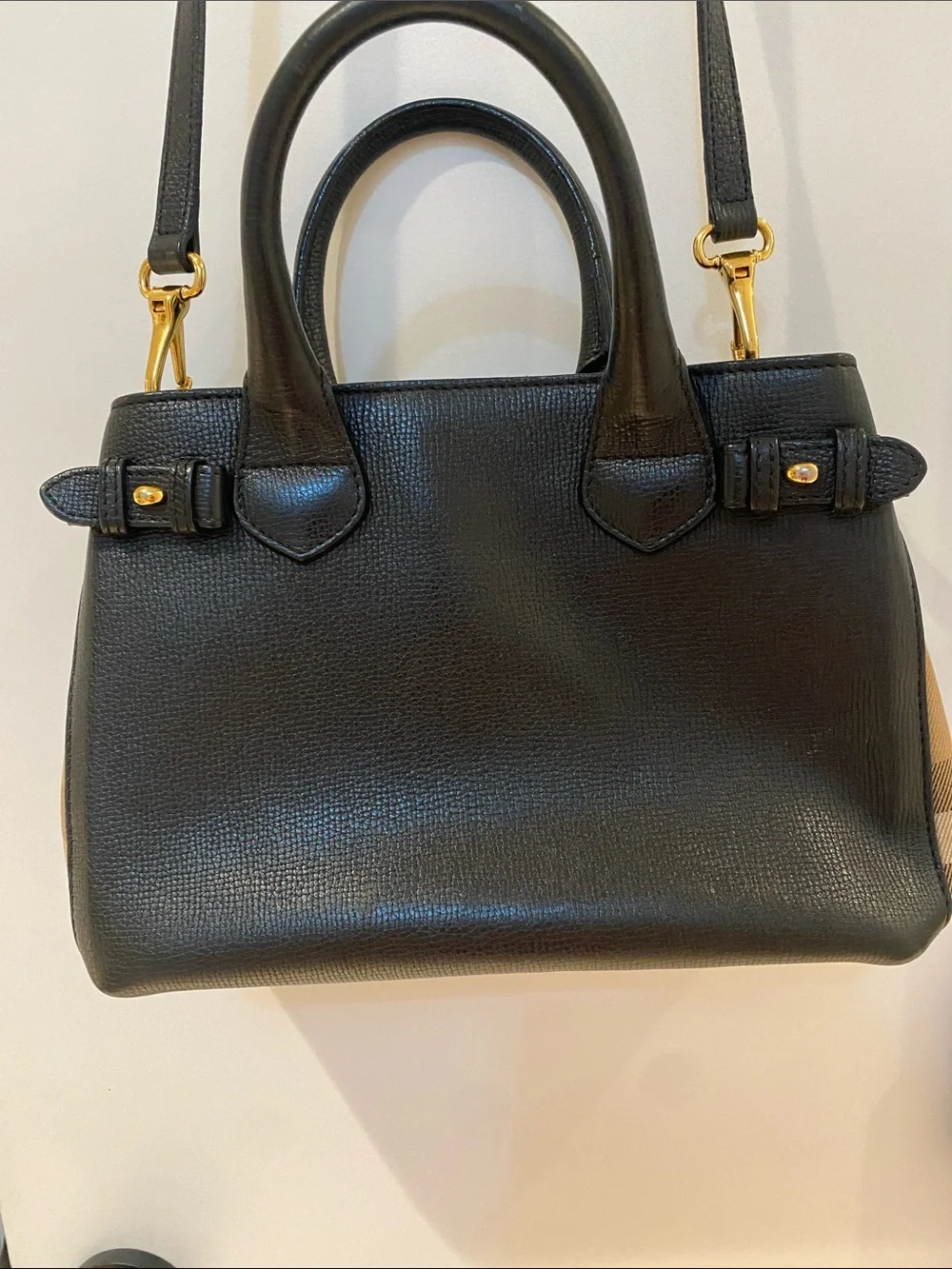 Burberry Black Leather Satchel with Tan Side Panels